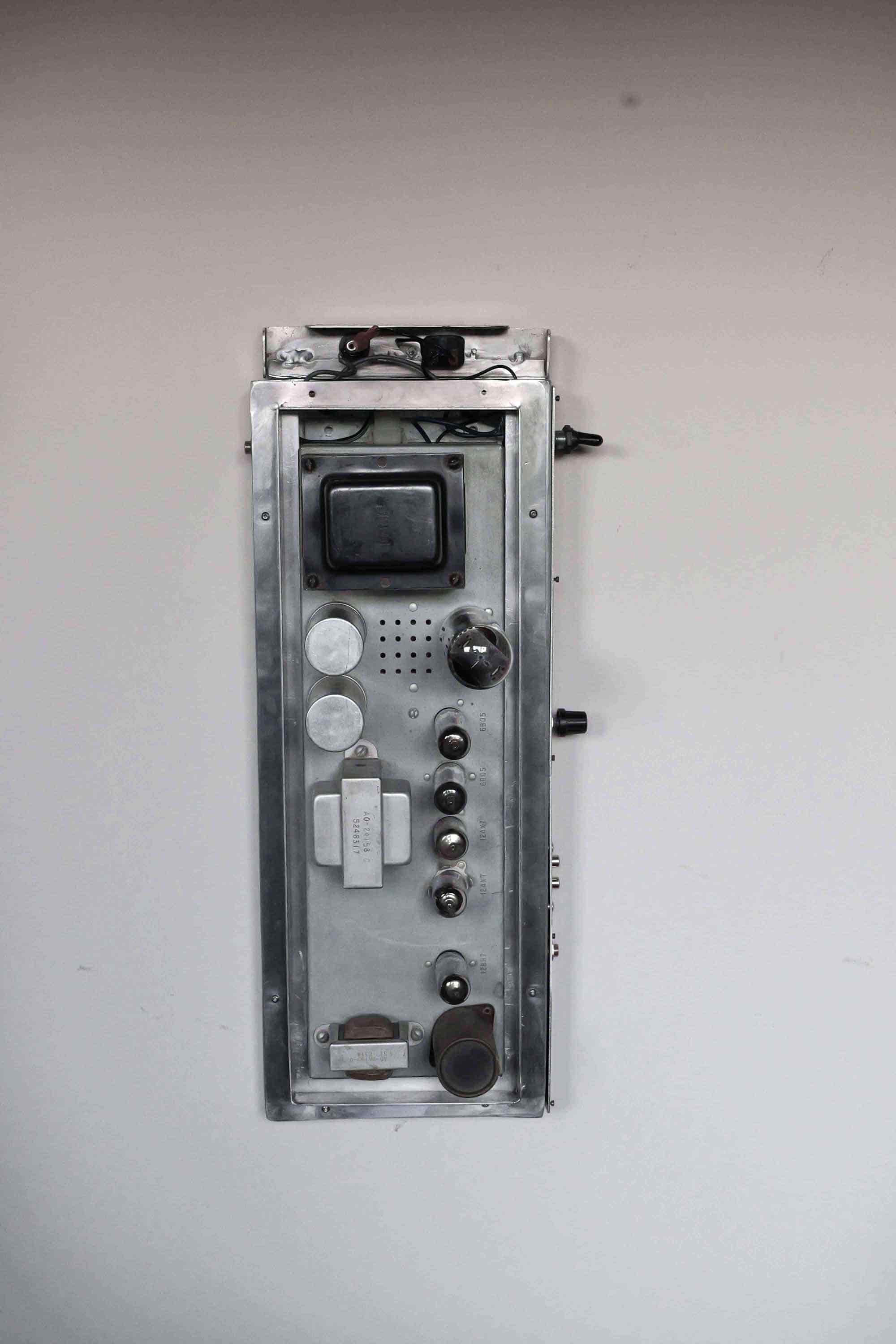 Sound Sculpture 'Dope Beam' by Nevada Hardman. Made of aluminum and tube amplifier, electronic elements, post-anthropocene tigcore