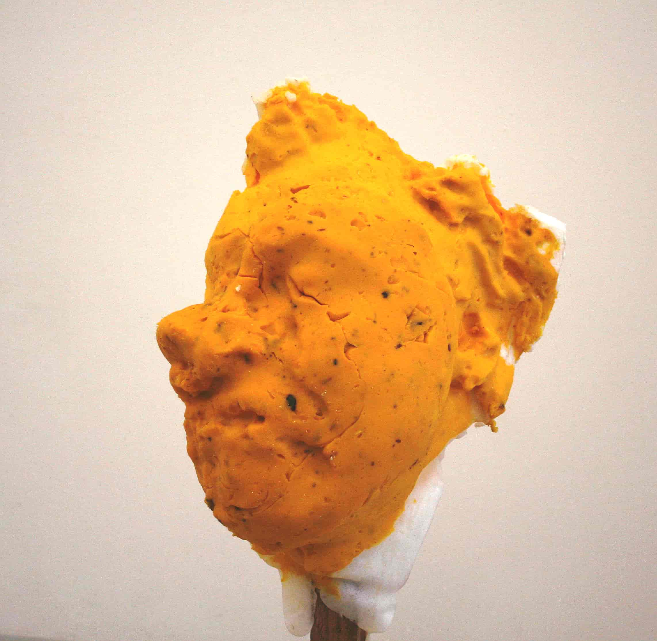 Sculpture 'Self-Portrait After Nixon' by Nevada Hardman. Made from a 3d scan and CNC'd and cast with velveeta cheese.