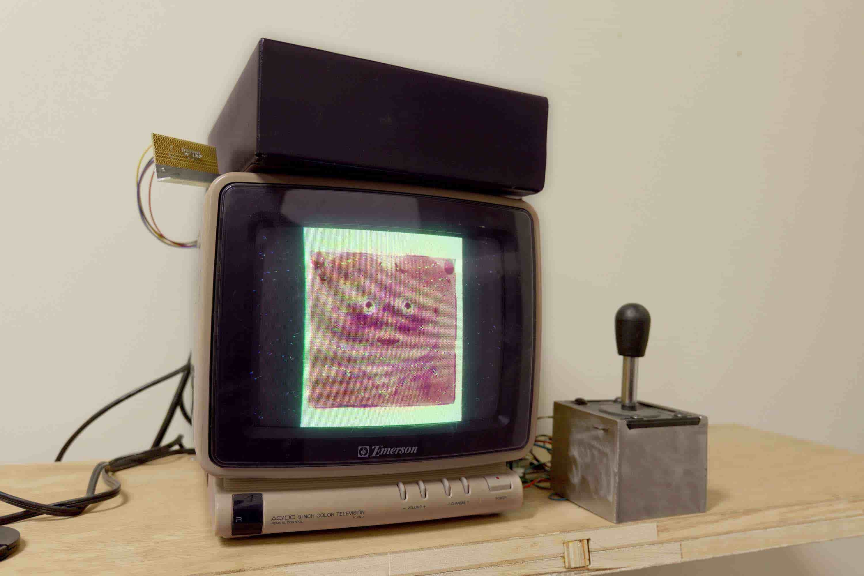  'Worm,' an interactive video game by Nevada Hardman. Built with p5.js and raspberry pi,  featuring joy stick interface and CR TV